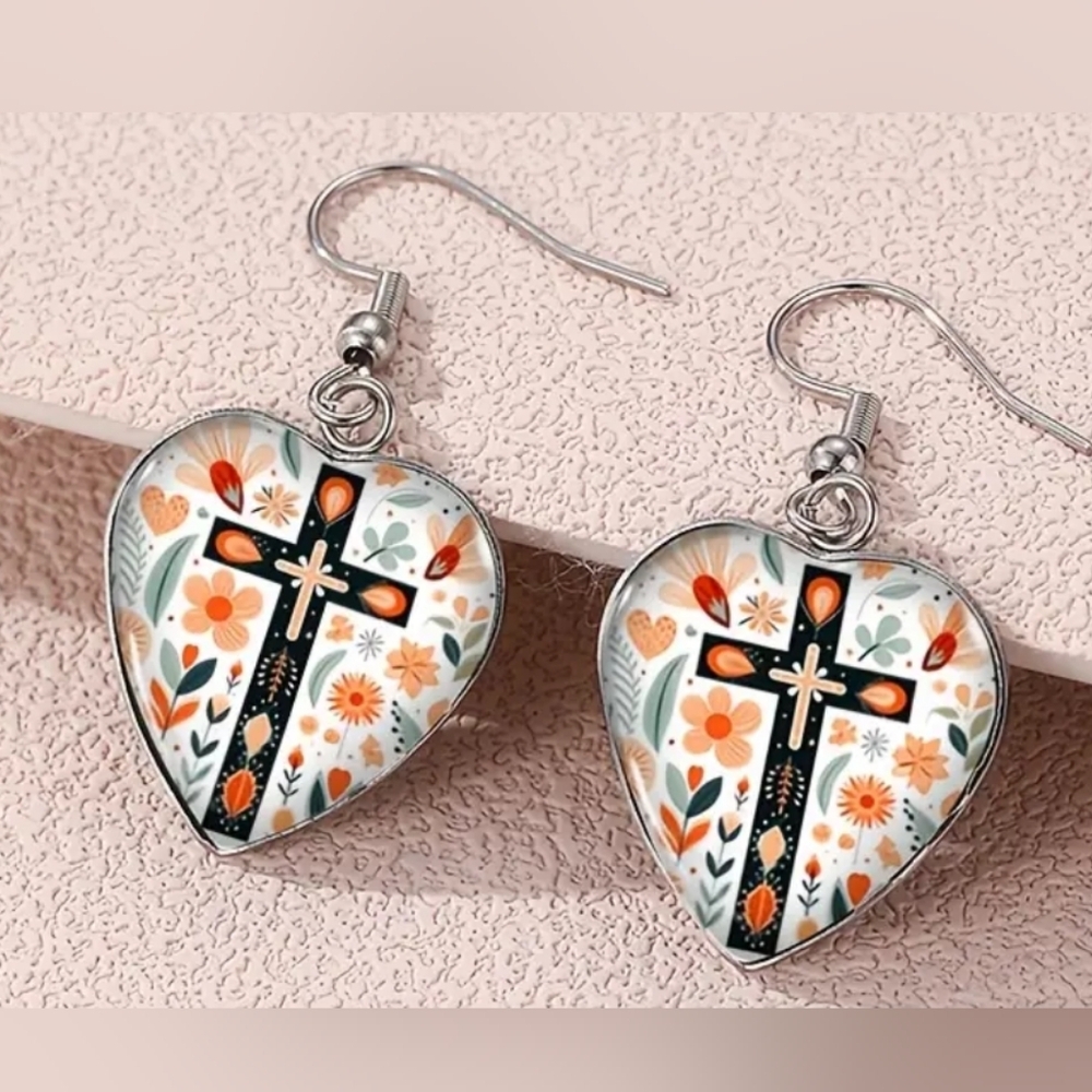 Colorful Gift Church‎ Christmas earrings Heart-Shaped Floral Cross Crystal Glass